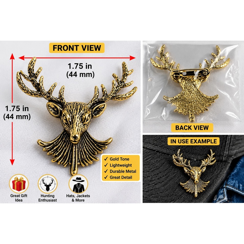 Deer Head Antler Lapel Pin Brooch Gold Tone Hunting Wildlife Badge